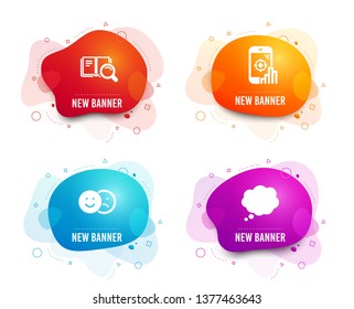Liquid badges. Set of Like, Seo phone and Search book icons. Comic message sign. Social media dislike, Search engine, Online education. Speech bubble.  Gradient like icon. Flyer fluid design. Vector