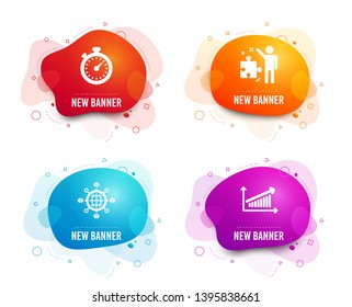 Liquid badges. Set of Logistics network, Timer and Strategy icons. Chart sign. International tracking, Stopwatch gadget, Business plan. Presentation chart.  Gradient logistics network icon. Vector