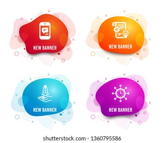 Liquid badges. Set of Message, Crowdfunding and Cogwheel icons. World time sign. Phone messenger, Start business, Idea bulb. Measurement device.  Gradient message icon. Flyer fluid design. Vector