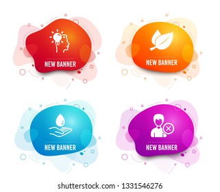 Liquid badges. Set of Mint leaves, Idea and Water care icons. Remove account sign. Mentha herbal, Professional job, Aqua drop. Delete user.  Gradient mint leaves icon. Flyer fluid design. Vector