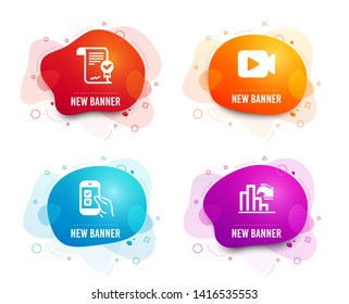 Liquid badges. Set of Mobile survey, Approved agreement and Video camera icons. Decreasing graph sign. Phone quiz test, Verified document, Movie or cinema. Column chart.  Gradient mobile survey icon