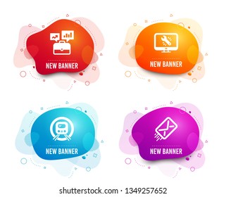 Liquid badges. Set of Monitor repair, Business portfolio and Metro subway icons. E-mail sign. Computer service, Job interview, Underground. Mail delivery.  Gradient monitor repair icon. Vector
