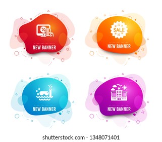 Liquid badges. Set of Online shopping, Sale and Scuba diving icons. Hotel sign. Black friday, Shopping star, Trip swimming. Travel.  Gradient online shopping icon. Flyer fluid design. Abstract shapes