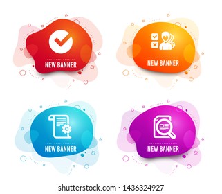 Liquid badges. Set of Opinion, Verify and Technical documentation icons. Check article sign. Choose answer, Selected choice, Manual. Magnifying glass.  Gradient opinion icon. Flyer fluid design