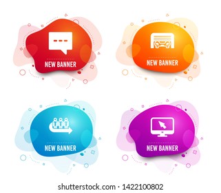 Liquid badges. Set of Parking garage, Blog and Queue icons. Internet sign. Automatic door, Chat message, People waiting. Monitor with cursor.  Gradient parking garage icon. Flyer fluid design. Vector