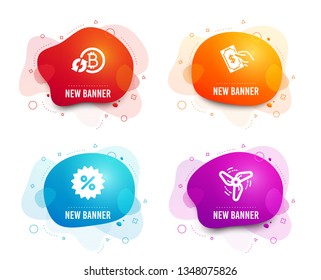 Liquid badges. Set of Pay money, Discount and Refresh bitcoin icons. Wind energy sign. Hold cash, Special offer, Update cryptocurrency. Ventilator.  Gradient pay money icon. Flyer fluid design