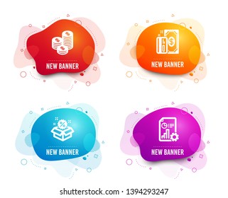 Liquid badges. Set of Payment, Coins and Sale icons. Report sign. Cash money, Discount, Presentation document.  Gradient payment icon. Flyer fluid design. Abstract shapes. Vector