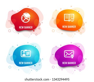 Liquid badges. Set of Pie chart, Technical info and Identification card icons. Verified mail sign. Presentation graph, Documentation, Person document. Confirmed e-mail.  Gradient pie chart icon