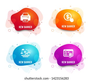 Liquid badges. Set of Printer, Buy currency and Sea mountains icons. Seo certificate sign. Printing device, Money exchange, Summer travel. Statistics.  Gradient printer icon. Flyer fluid design