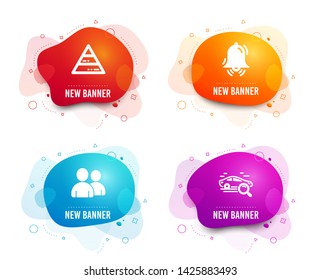 Liquid badges. Set of Pyramid chart, Clock bell and Users icons. Search car sign. Report analysis, Alarm, Couple of people. Find transport.  Gradient pyramid chart icon. Flyer fluid design. Vector