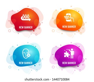 Liquid badges. Set of Queue, Problem skin and Education icons. Strategy sign. People waiting, Facial care, Quick tips. Business plan.  Gradient queue icon. Flyer fluid design. Abstract shapes. Vector