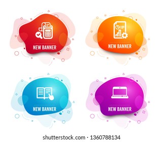 Liquid badges. Set of Read instruction, Bill accounting and Report icons. Notebook sign. Opened book, Audit report, Presentation document. Laptop computer.  Gradient read instruction icon. Vector