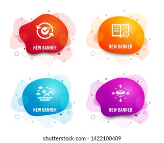 Liquid badges. Set of Sea mountains, Technical info and Approved icons. Parcel delivery sign. Summer travel, Documentation, Refresh symbol. Logistics service.  Gradient sea mountains icon. Vector