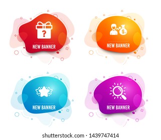 Liquid badges. Set of Secret gift, Star and Sallary icons. Search sign. Unknown package, Favorite, Person earnings. Find document.  Gradient secret gift icon. Flyer fluid design. Abstract shapes