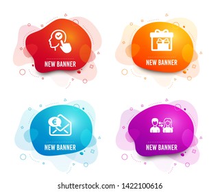 Liquid badges. Set of Select user, Euro money and Delivery boxes icons. People communication sign. Head with checkbox, Receive cash, Birthday gifts. People talking.  Gradient select user icon. Vector