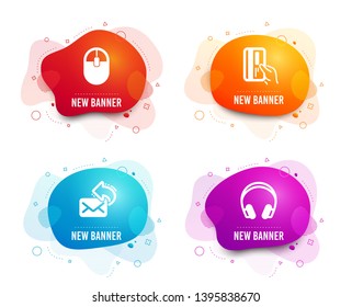 Liquid badges. Set of Share mail, Computer mouse and Payment card icons. Headphones sign. New e-mail, Pc equipment, Credit card. Music listening device.  Gradient share mail icon. Flyer fluid design