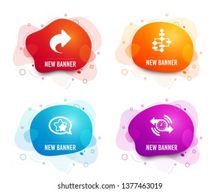 Liquid badges. Set of Share, Star and Block diagram icons. Timer sign. Link, Favorite, Algorithm path. Stopwatch.  Gradient share icon. Flyer fluid design. Abstract shapes. Vector