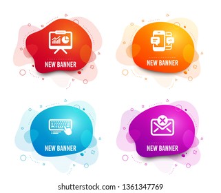 Liquid badges. Set of Smartphone sms, Computer keyboard and Presentation icons. Reject mail sign. Mobile messages, Pc device, Board with charts. Delete letter.  Gradient smartphone sms icon. Vector