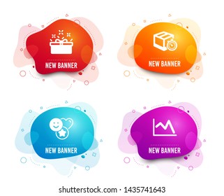 Liquid badges. Set of Smile, Delivery timer and Present box icons. Line chart sign. Social media likes, Express logistics, Sale offer. Financial graph.  Gradient smile icon. Flyer fluid design