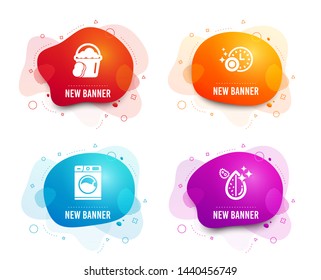 Liquid badges. Set of Sponge, Dishwasher timer and Washing machine icons. Dirty water sign. Cleaner bucket, Cleaning dishes, Laundry service. Aqua drop.  Gradient sponge icon. Flyer fluid design