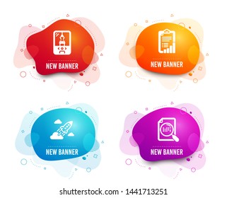 Liquid badges. Set of Startup rocket, Checklist and Crane claw machine icons. Search file sign. Business innovation, Graph report, Attraction park. Find document.  Gradient startup rocket icon