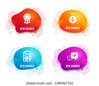 Liquid badges. Set of Success, Documentation and Contactless payment icons. Approve sign. Award reward, Project, Financial payment. Accepted message.  Gradient success icon. Flyer fluid design
