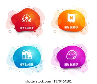 Liquid badges. Set of Surprise package, Reject and Business targeting icons. Update time sign. Present boxes, Delete message, People and target aim. Refresh clock.  Gradient surprise package icon