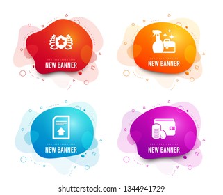 Liquid badges. Set of Upload file, Laureate and Cleanser spray icons. Payment method sign. Load document, Award shield, Washing liquid. Wallet with coins.  Gradient upload file icon. Vector