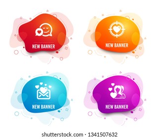 Liquid badges. Set of Valentine target, Dating and Love mail icons. Couple sign. Heart in aim, Love messenger, Valentines letter. Valentines day.  Gradient valentine target icon. Flyer fluid design