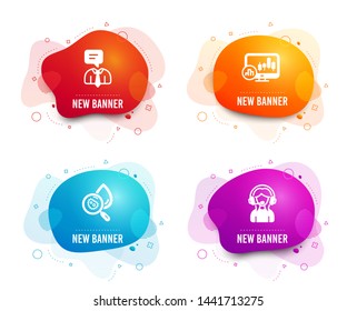 Liquid badges. Set of Water analysis, Support service and Candlestick chart icons. Support sign. Aqua bacteria, Human talking, Report analysis. Call center.  Gradient water analysis icon. Vector