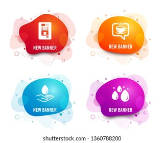 Liquid badges. Set of Water care, Coffee and Coffee vending icons. Water drop sign. Aqua drop, Cafe, Aqua.  Gradient water care icon. Flyer fluid design. Abstract shapes. Vector