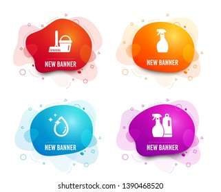 Liquid badges. Set of Water drop, Spray and Bucket with mop icons. Shampoo and spray sign. Crystal aqua, Washing cleanser, Cleaner equipment. Washing liquids.  Gradient water drop icon. Vector