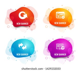 Liquid badges. Set of Web settings, Reload and Refresh icons. Approved documentation sign. Engineering tool, Update, Rotation. Instruction book.  Gradient web settings icon. Flyer fluid design