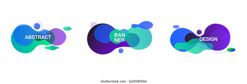 Liquid Banners, Blue, Pink, Purple, Turquoise Fluid Shapes. Cool Fluid Dynamic Background. 3d Vibrant Splash Form Set. Geometric Fluid Frame. Vector Minimal Techno Gradient Overlay, Button Template.