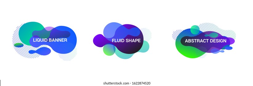Liquid Banners, Blue, Pink, Purple, Turquoise Fluid Shapes. Vector Minimal Techno Gradient Overlay, Button Template. Cool Fluid Dynamic Background. Geometric Fluid Frame. 80s Vibrant Splash Form Set.