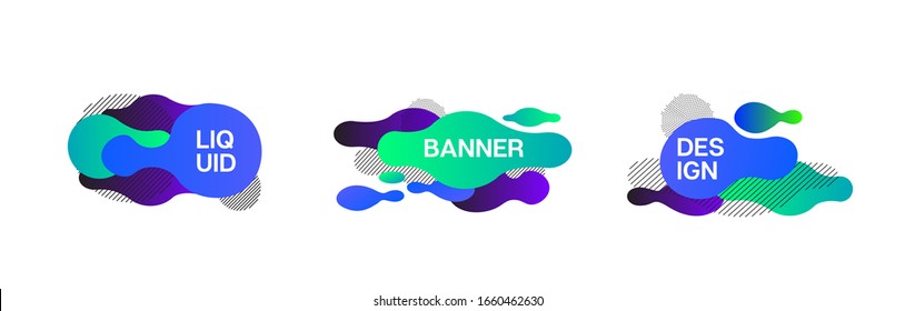 Liquid Banners, Blue, Pink, Purple, Turquoise Fluid Shapes. Vector Minimal Trendy Gradient Overlay, Button Template. 3d Vibrant Splash Form Set. Geometric Fluid Border Cool Fluid Dynamic Background.