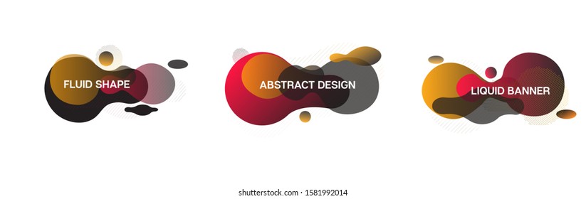 Liquid Banners, Red, Pink, Orange, Yellow Fluid Shapes. Vector Minimal Music Gradient Overlay, Button Template. 3d Vibrant Splash Form Set. Cool Fluid Dynamic Background. Geometric Fluid Border