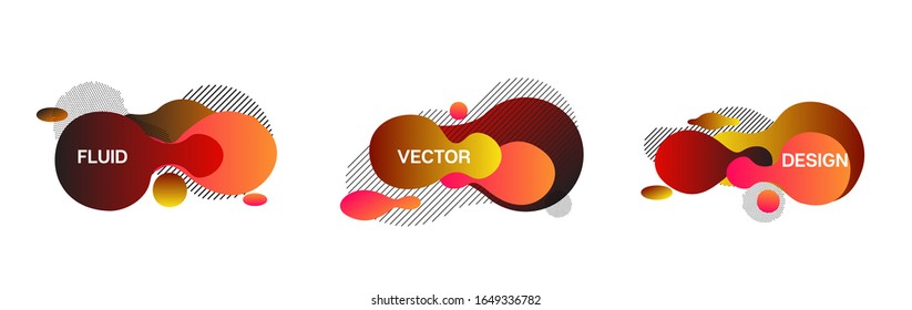 Flüssige Banner, Rot, Rosa, Orange, Gelbe Fließformen. Vektorillustration Minimal Trendy Gradient Overlay, Button Template. 3d Vibrant Splash Form Set. Geometrischer Flüssigkeitsrahmen. Cool Fluid Dynamic Hintergrund.