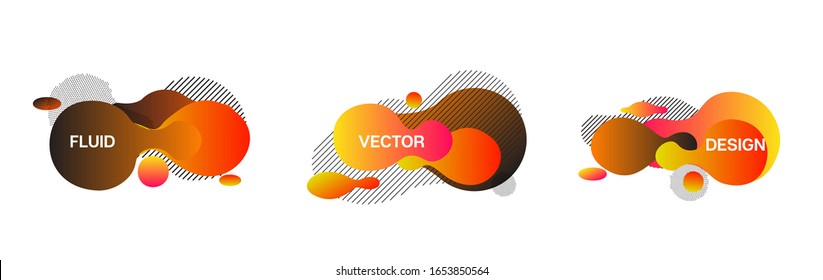 Liquid Banners, Red, Pink, Orange, Yellow Fluid Shapes. Cool Fluid Dynamic Background. Vector Minimal Modern Gradient Overlay, Button Template. 80s Vibrant Splash Form Set. Geometric Fluid Frame.