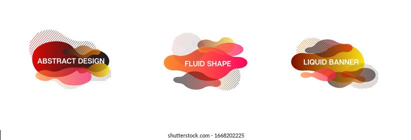 Liquid Banners, Red, Pink, Orange, Yellow Fluid Shapes. 80s Vibrant Splash Form Set. Cool Fluid Dynamic Background. Vector Minimal Modern Gradient Overlay, Button Template. Geometric Fluid Frame.