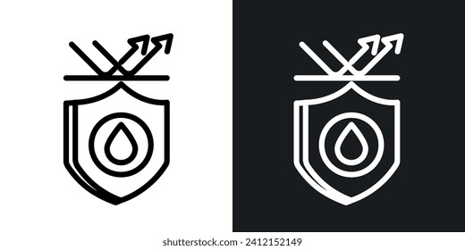 Icono de línea de la Barrera líquida. Resistencia a la humedad e icono de protección impermeable en color blanco y negro.