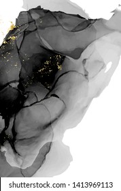  Liquid black grey alcohol inkmarble texture. Fluid decoration art. Applicable for design cover, presentation, invitation, flyer, annual reports. Delicate watercolor background with gold foil.