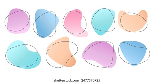 Liquid blob outline frame set. Colored gradient Blot spot isolated on white. Abstract Uneven geometric shape background for text highlighting. Modern organic icon figure. Design element