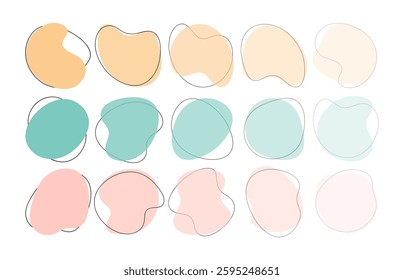 Liquid blob shapes, pastel vector organic random forms, fluid silhouette, simple smooth ink stain. Abstract figures from bright color to transparent. Highlight for social media stories