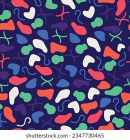 Liquid blob shapes seamless surface pattern. Aesthetic whimsical arrangement of hand drawn basic doodle amorphous squiggles, blotches, scribbles and confetti. Allover print pebble textured background.