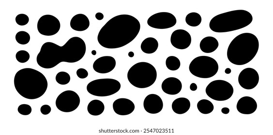 Formas de manchas líquidas, formas aleatorias orgánicas de Vector, silueta de fluido abstracto negro, tinta lisa simple, círculos incorrectos. Elementos de diseño planos redondos.