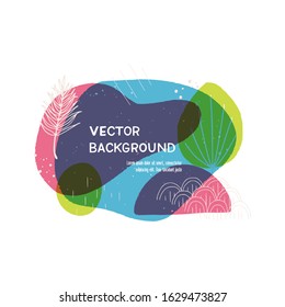 Liquid blobs layout with hand drawn elements. Floral motif doodles, paint splashes and outlines in abstract banner with copy space. Overlapping wavy and natural shapes template for card, social media