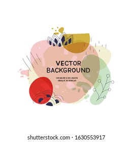 Liquid blobs layout with hand drawn elements. Floral motif paint splashes, doodles in abstract banner with copy space. Overlapping wavy and natural shapes template for cover, landing, apparel, blog