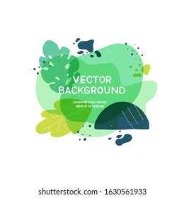 Liquid blobs layout with hand drawn elements. Floral motif paint splashes, monstera leaf outline in abstract banner with copy space. Overlapping wavy, natural shapes template for cover, social media