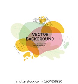 Liquid blobs layout with hand drawn elements. Pastel color paint splashes and doodles in abstract banner with copy space. Overlapping wavy and natural shapes template for cover, landing, apparel, blog